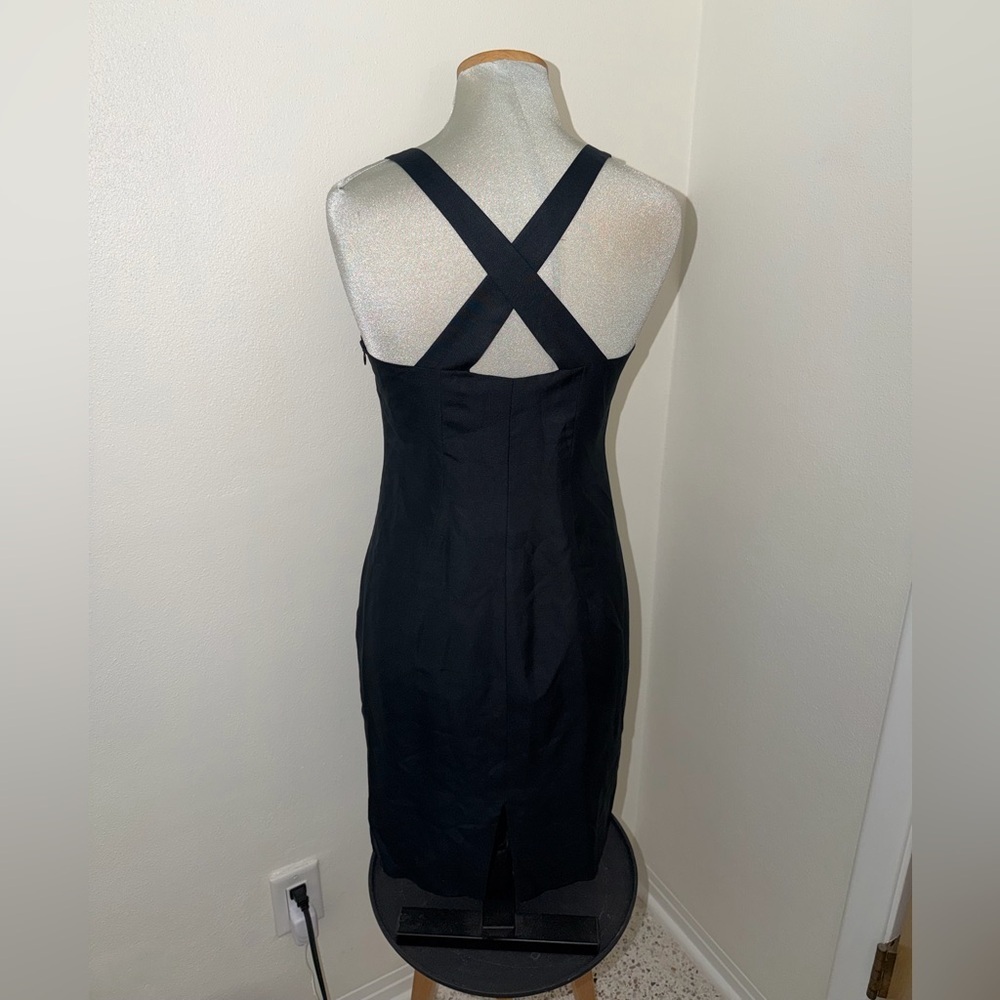 Ann Taylor 100% silk navy blue mini dress square neck criss cross back 6P